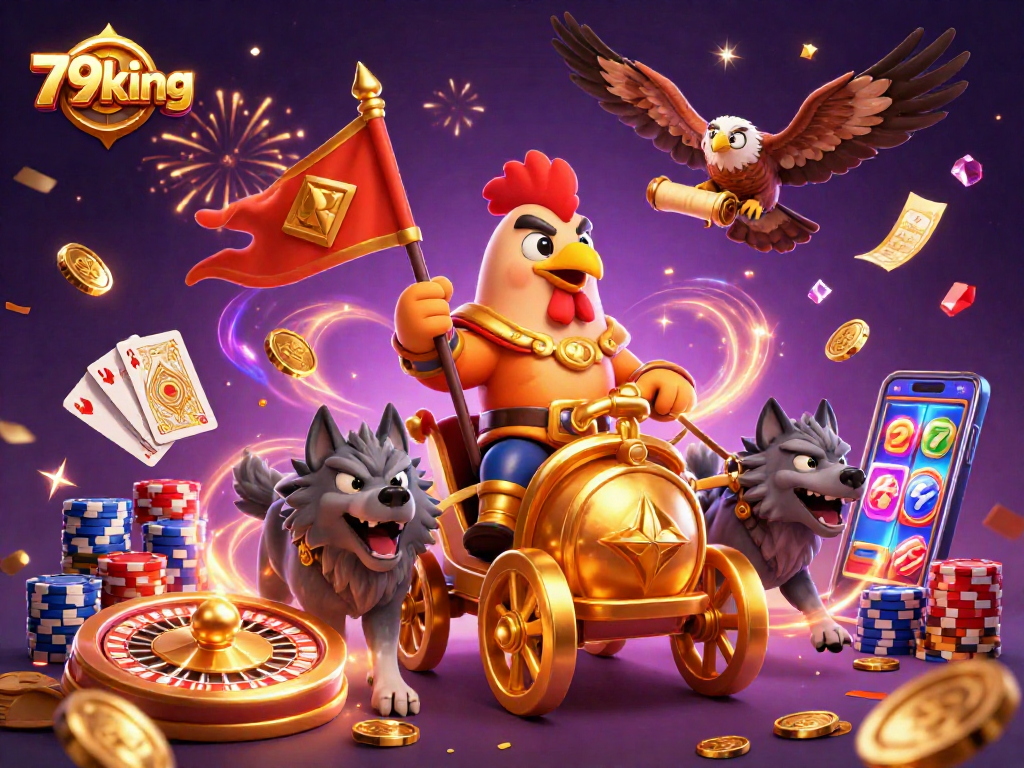 Experience the excitement at 79king with a dynamic casino scene featuring a rooster warlord.
