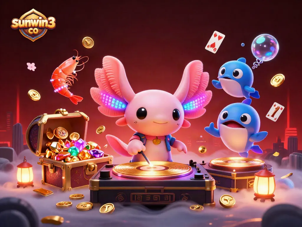 Engage with sunwin3 co in this lively underwater party featuring a colorful axolotl DJ and vibrant casino elements.