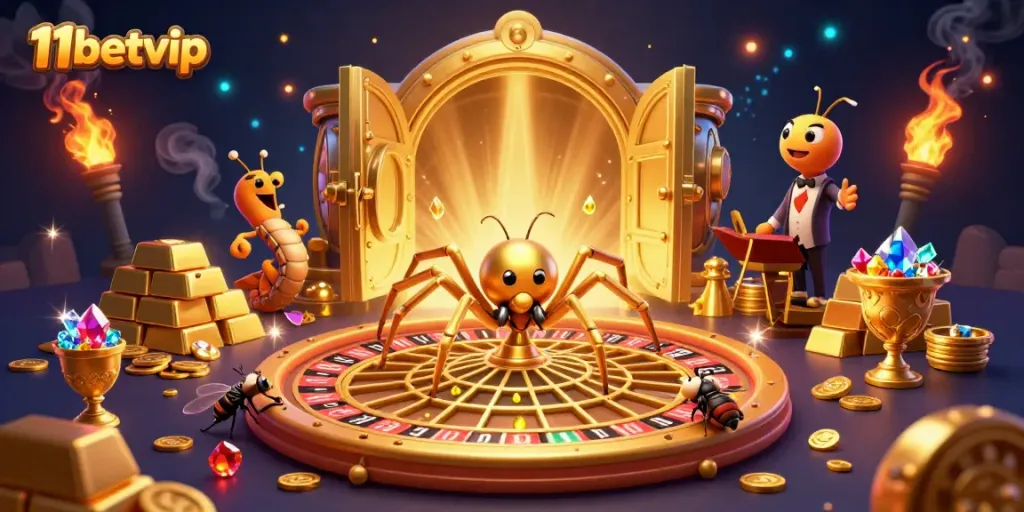 Experience the thrill of betting at 11betvip with a lively scene featuring a colorful spider and croupier.