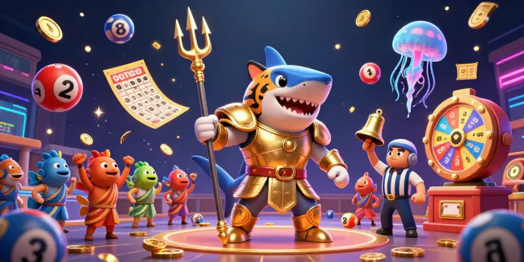 Experience the thrill at febetapp with a vibrant illustration of entertainment elements and characters.