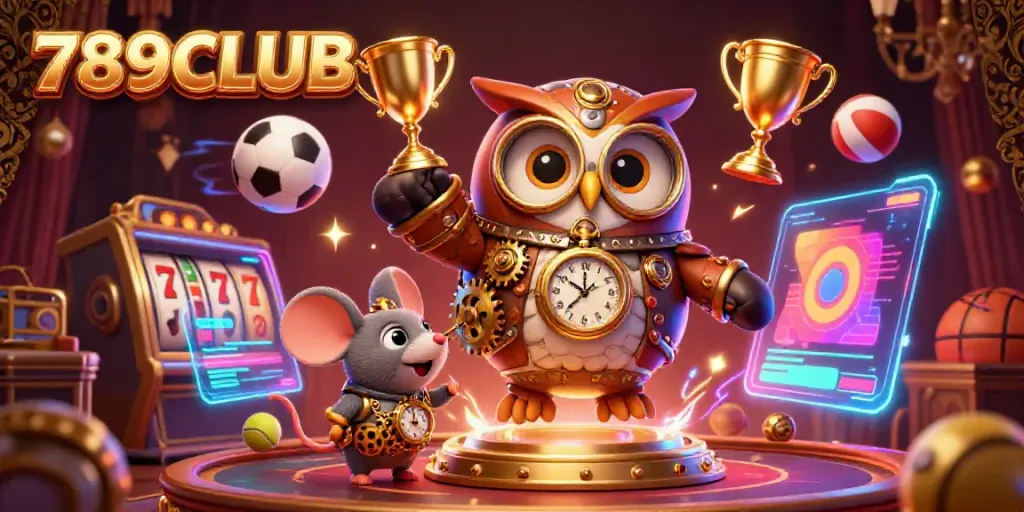 Engage with 789CLUB in this vibrant, dynamic scene filled with slot reels, winning trophies, and animated 3D characters.