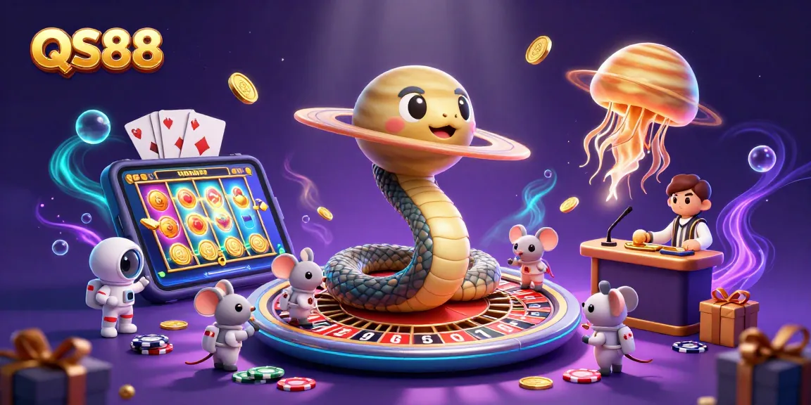 Experience thrilling bets at QS88 with vibrant gaming elements and a cosmic dealer.