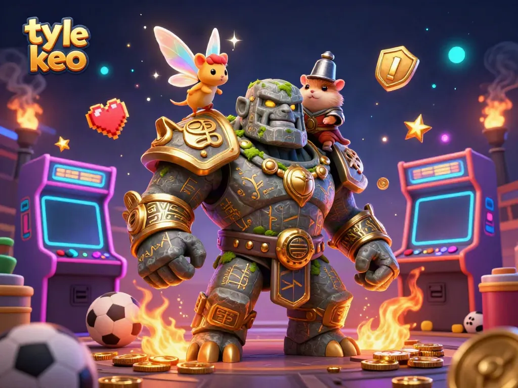 Engaging illustration of a sports-themed golem guardian and companions showcasing ty le keo and betting elements.