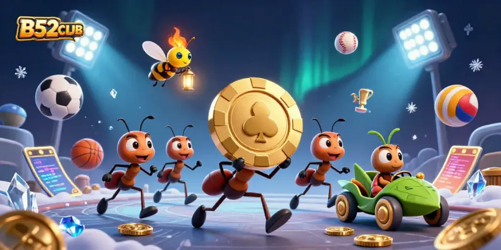 B52CLUB showcases ants heisting a giant poker chip in a dynamic casino scene.