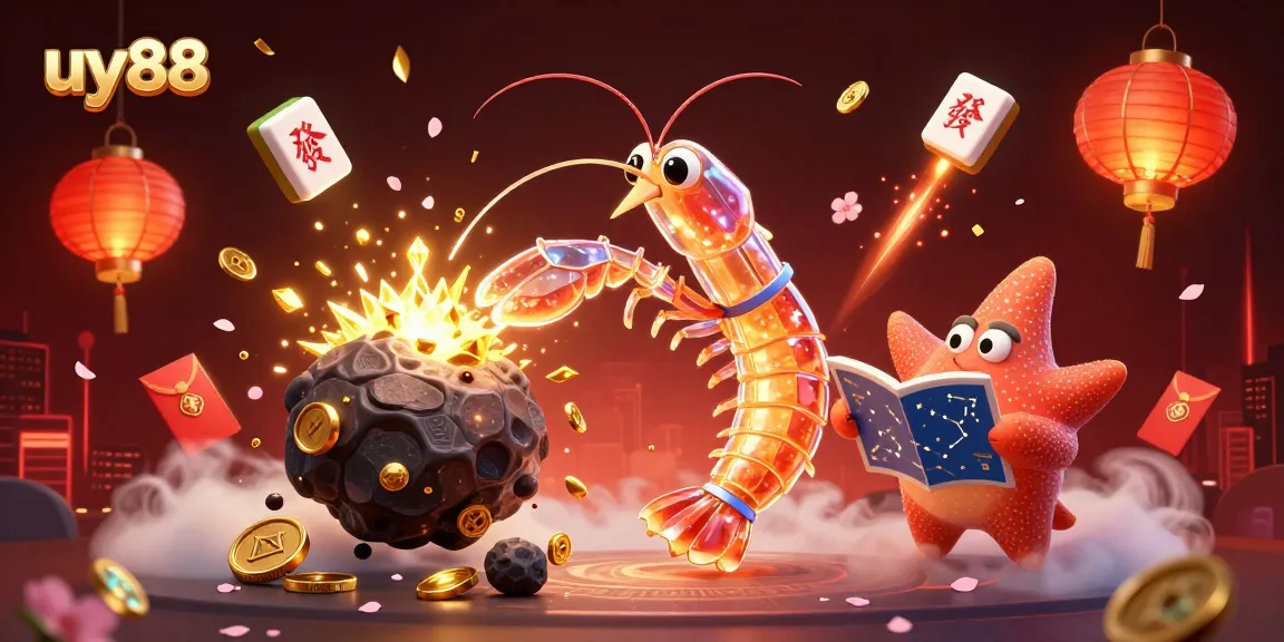 Experience the thrill of uy88 with a galactic samurai mantis shrimp amidst exploding jewels and casino elements.