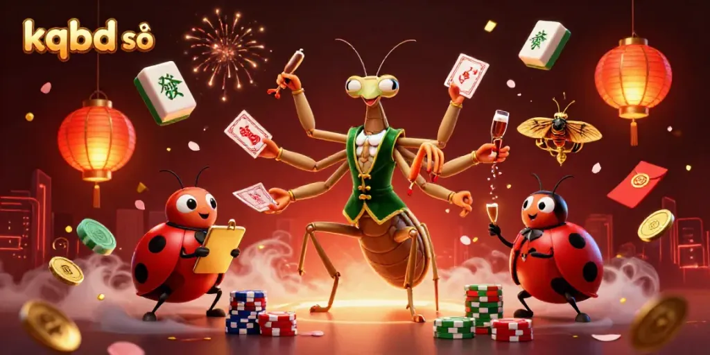 Engaging kqbd số illustration with a cartoon praying mantis card sharp, ladybug pit boss, and gambling elements.