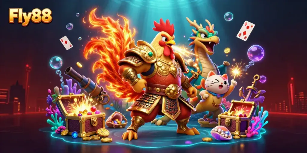 Experience the thrill of Fly88 with a dynamic illustration featuring cartoon warrior characters in a vibrant casino scene.
