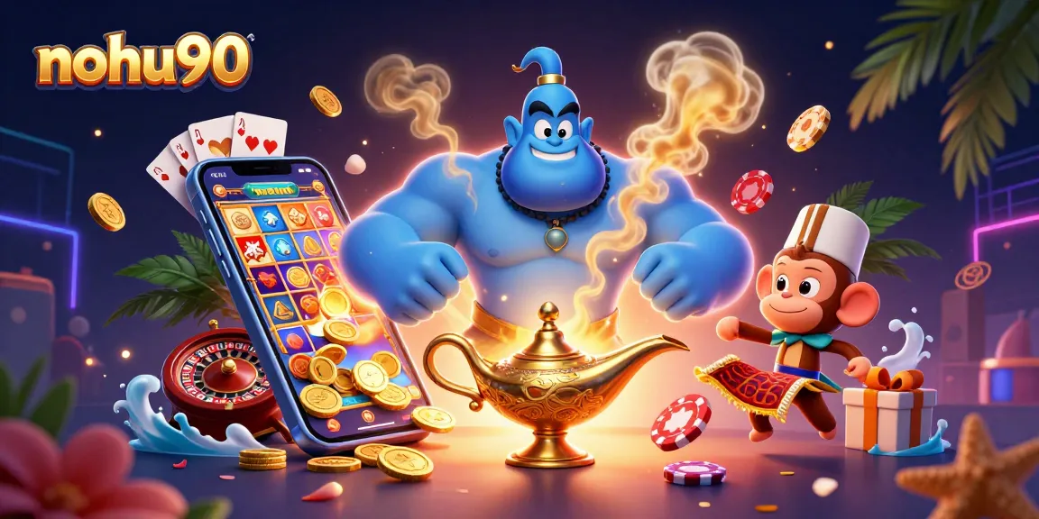Engaging scene featuring nohu90 where a genie, monkey, and magic carpet deliver exciting casino action.