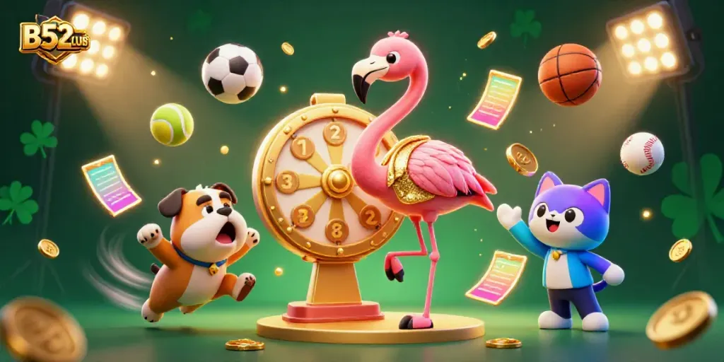Spin to win with B52CLUB, featuring vibrant 3D characters and gambling elements.