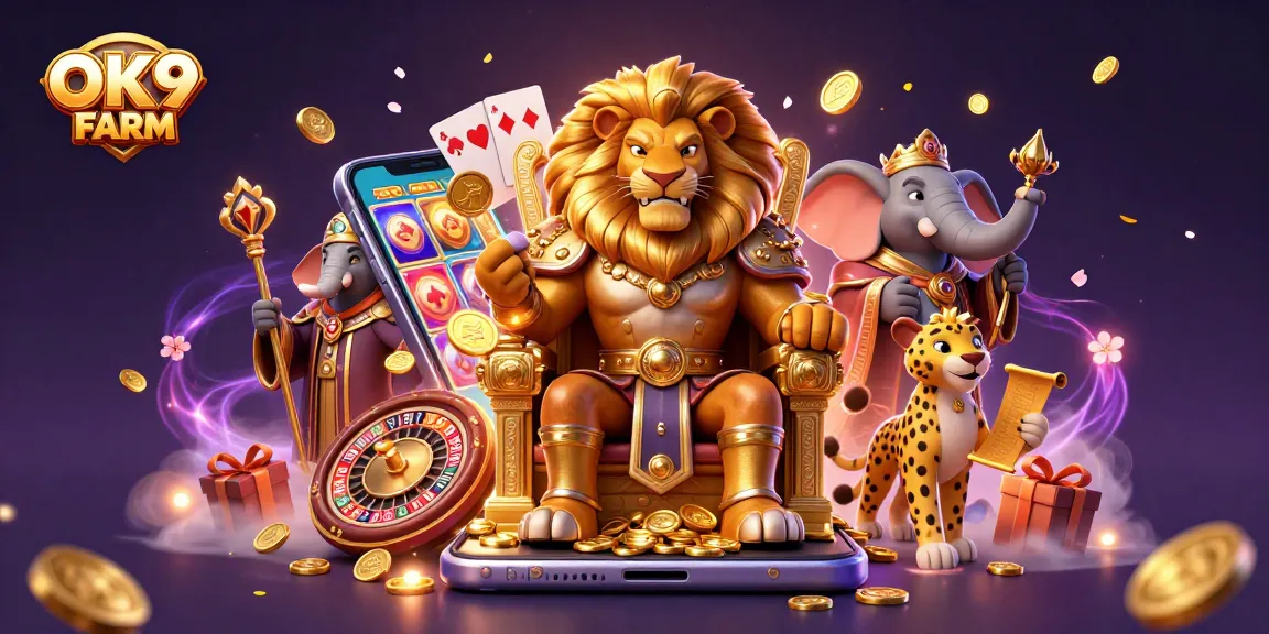 Engage with OK9 FARM's vibrant casino adventure featuring a lion king on a throne surrounded by gaming elements.