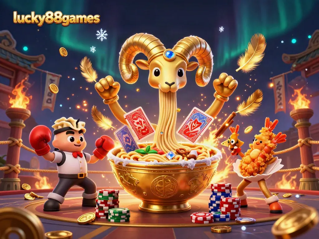 Engage in thrilling action with lucky88games as a giant ramen bowl dealer stacks chips and deals cards.