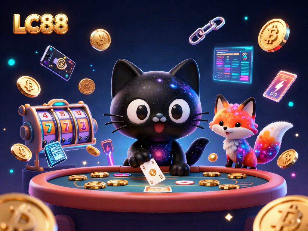 LC88 cosmic casino scene featuring a cartoon black hole cat and a colorful nebula fox surrounded by glowing crypto coins.
