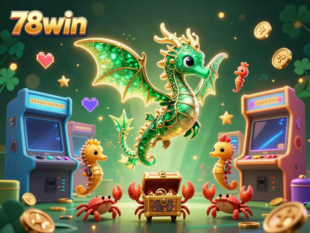 Engage with the vibrant world of 78win, showcasing a 3D sea dragon and gaming treasures in a colorful casino scene.