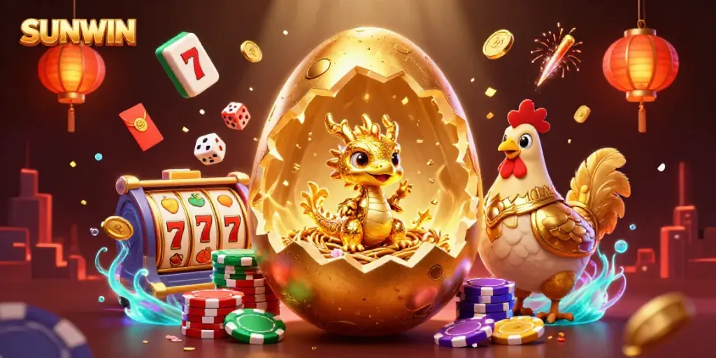 SUNWIN showcases a golden dragon surrounded by colorful slot reels and casino elements in an imaginative scene.