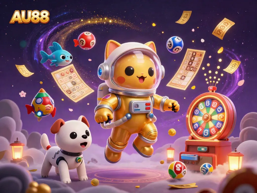 Engage in thrilling gameplay at AU88 with a dynamic scene featuring a floating astronaut cat and vibrant casino elements.
