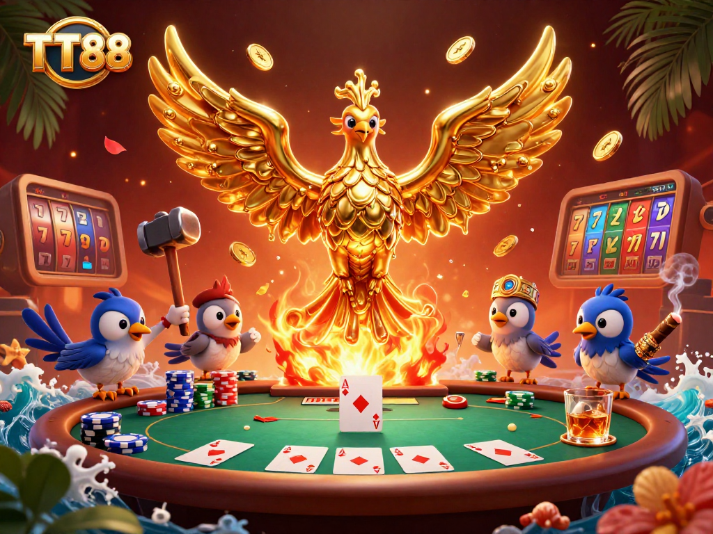 Experience thrilling games at TT88 with a vibrant 3D casino scene showcasing poker action and gaming elements.