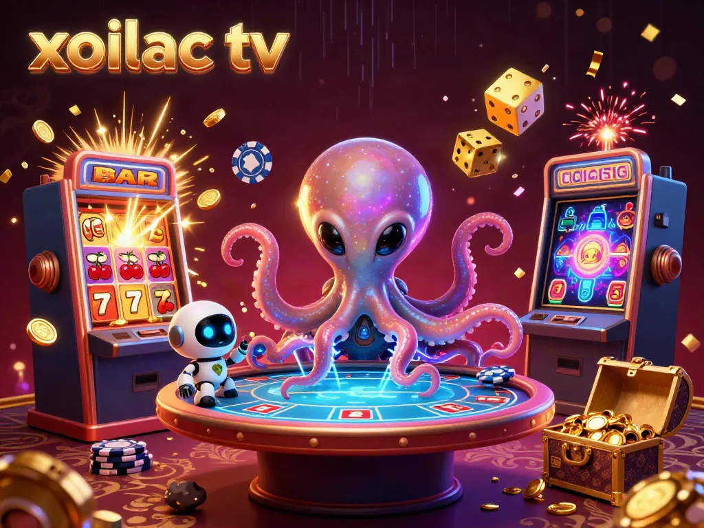 Xoilac TV's vibrant 3D scene showcases a playful alien octopus and robot at a poker table.