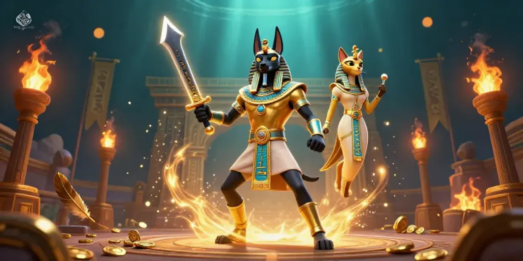 Win big at ok365 with a dynamic scene featuring Anubis and Bastet in an exciting casino setting.