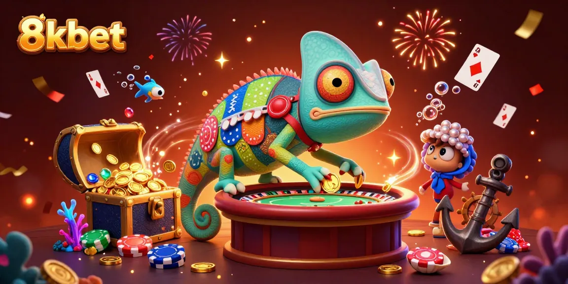 Experience thrilling action at 8kbet with vibrant casino scenes featuring our unique chameleon owner.