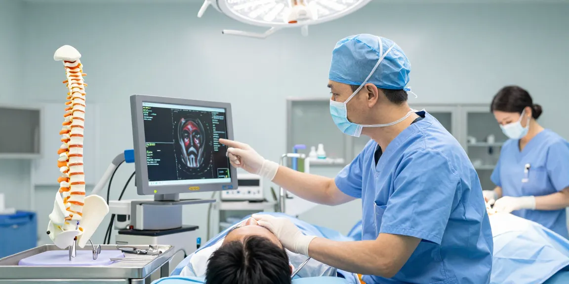 Bel kayması ameliyatı consultation in a modern medical office with a doctor analyzing spine imaging