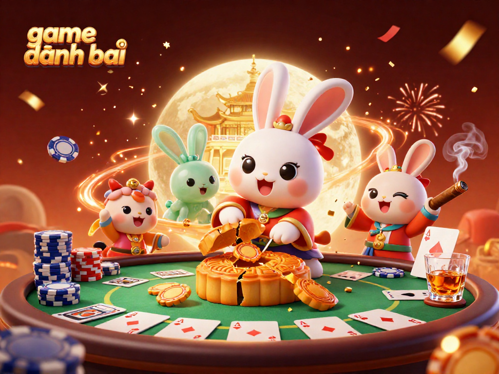 Experience the thrill of game danh bai with a vibrant moonlit poker scene showcasing playful characters and dynamic game elements.