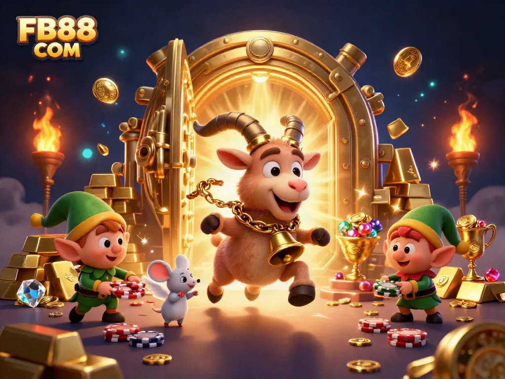 Experience thrilling wins at FB88 COM with a vibrant 3D casino scene filled with treasures.