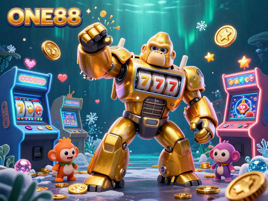 Join the excitement of ONE88 with a dynamic illustration featuring a golden gorilla mech amidst vibrant gaming elements.