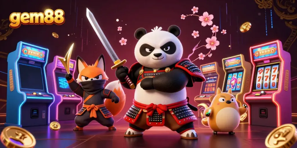 Experience high-energy gaming with gem88's dynamic scene featuring samurai panda and ninja fox.