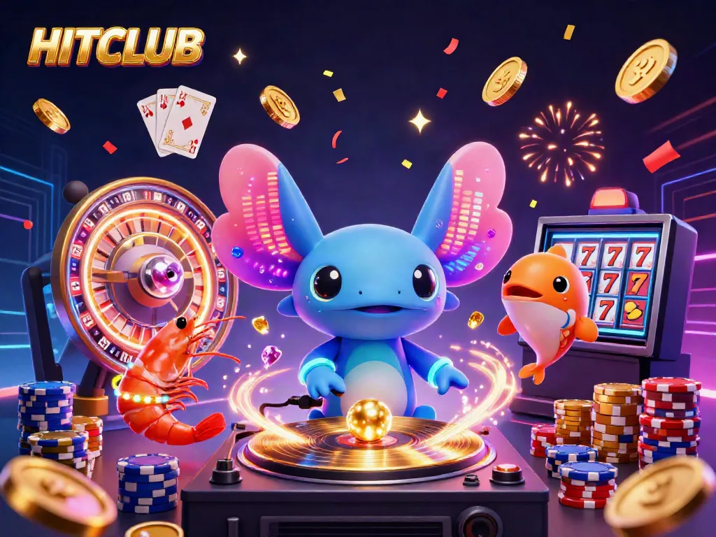Engage with HITCLUB's dynamic underwater casino scene featuring neon characters and vibrant game elements.