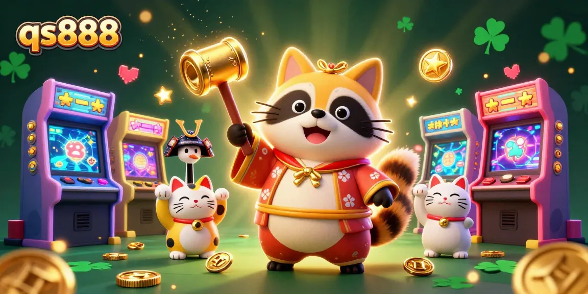 Join the excitement at qs888 with a cheerful tanuki and lucky cats in a vibrant casino scene.