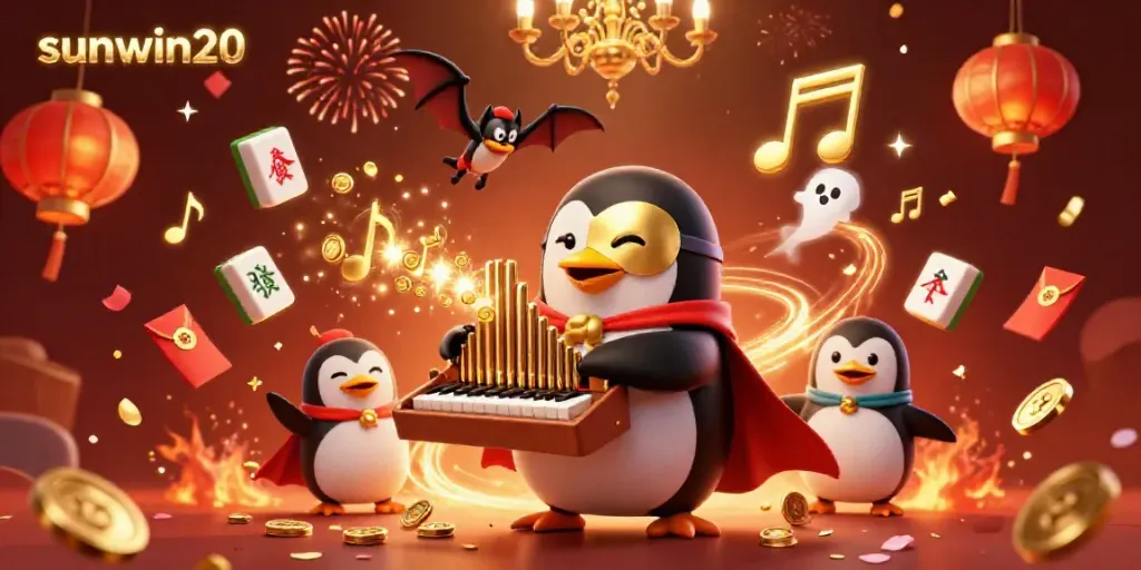Experience the excitement of sunwin20 with a vibrant scene of a penguin playing a golden organ, shooting coins.