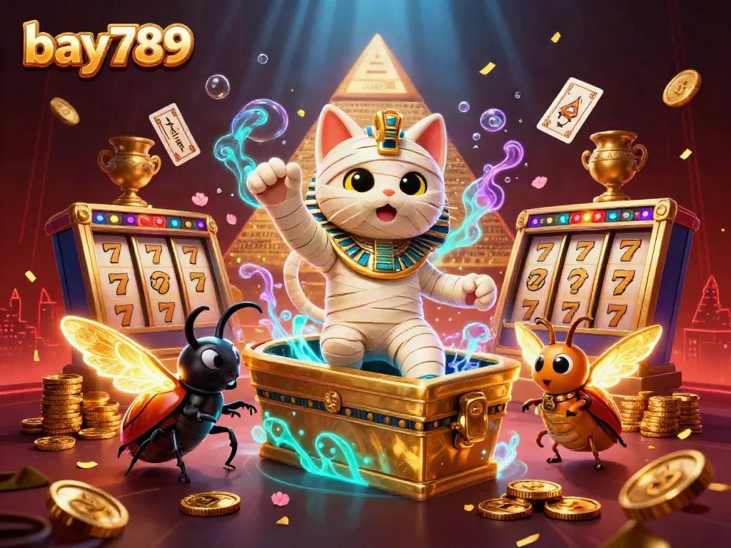 Immerse in bay789 casino's captivating 3D scene with an Egyptian mummy cat and jackpots.