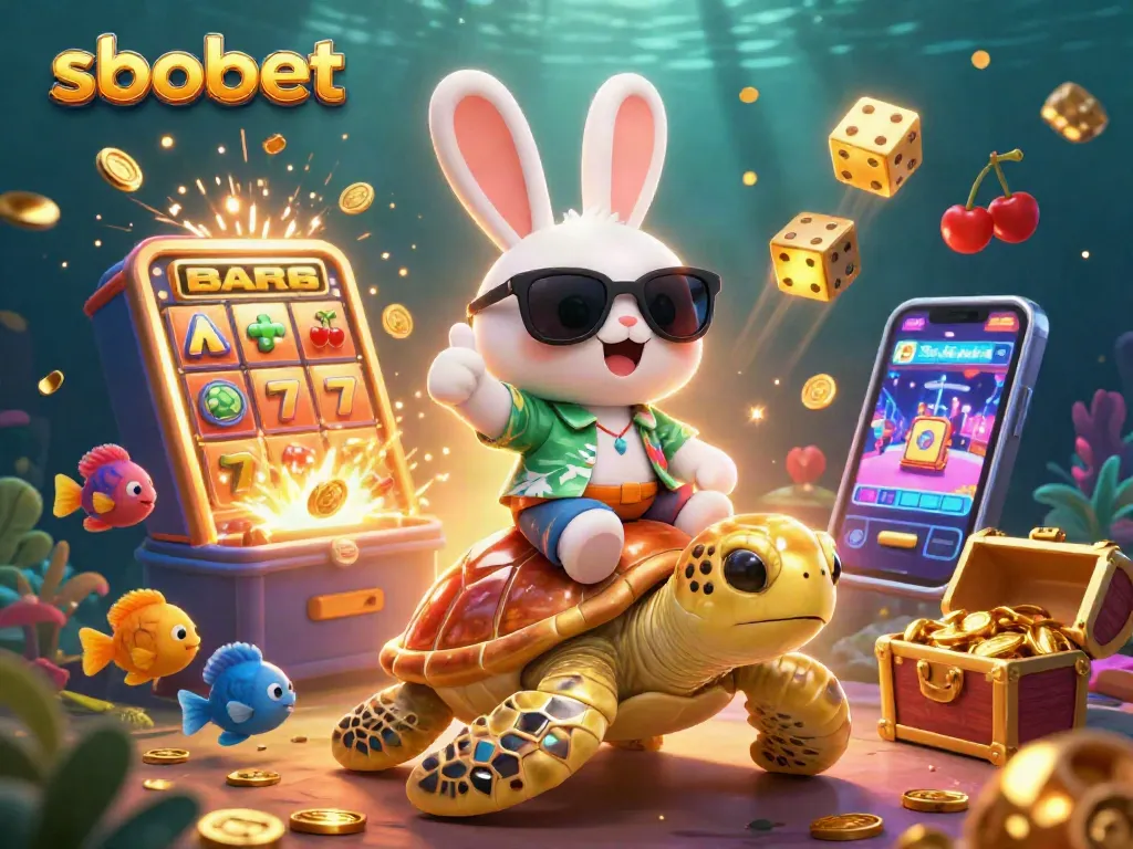 Menangkan jackpot di sbobet dengan gambar slot penuh koin dan kelinci beruntung.