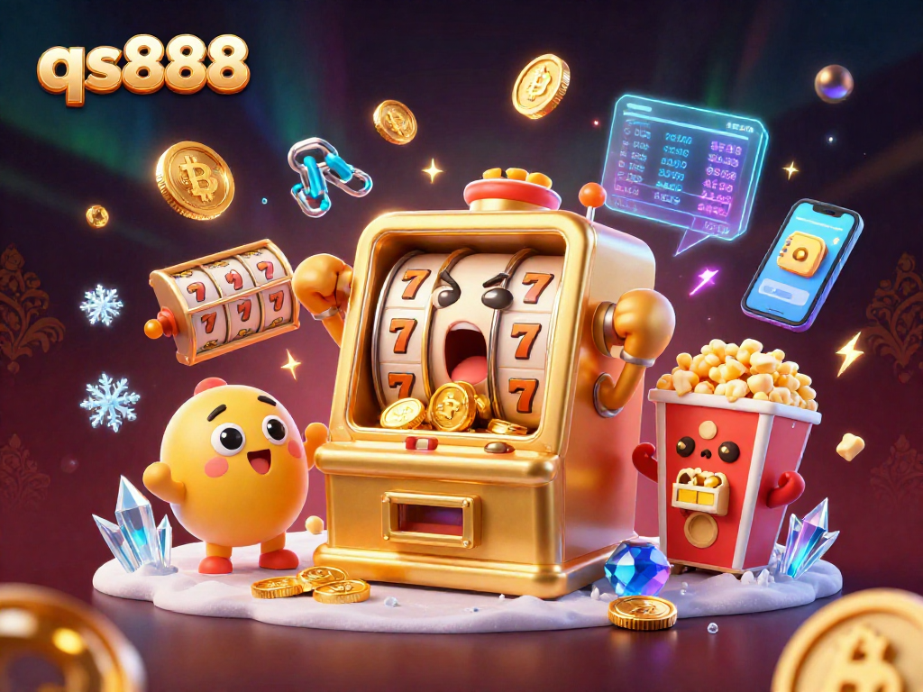 Experience the excitement with qs888's jackpot slot machine bursting with coins, surrounded by dynamic casino elements.