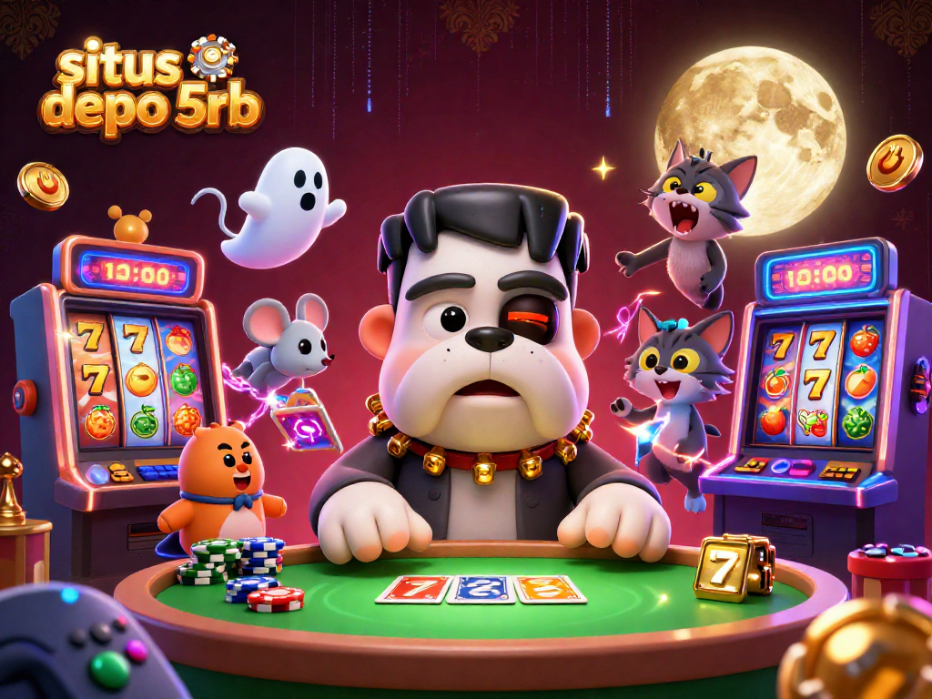 Engage with situs depo 5rb through this vibrant scene of a bulldog monster dealing cards and spinning slot reels.