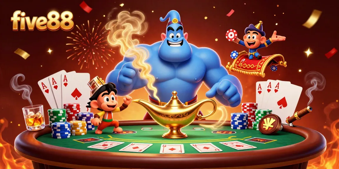 Experience five88's captivating casino magic with a bursting genie and poker charm in vibrant 3D!