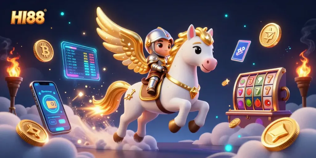 Join the thrilling HI88 casino adventure with a golden-winged horse and knight amidst vibrant slot symbols.
