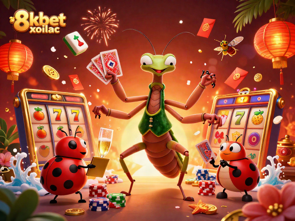 Experience thrilling action with the 8xbet xoilac casino scene featuring a giant praying mantis dealer.
