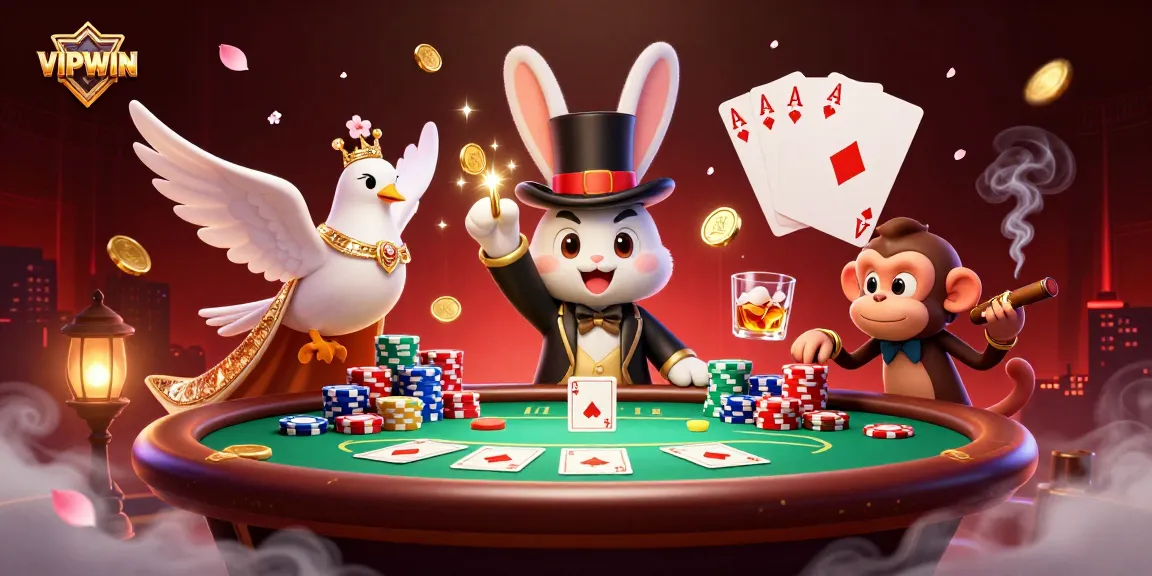 Engage in thrilling casino play at VIPWIN with a lively scene of magical characters and poker excitement.
