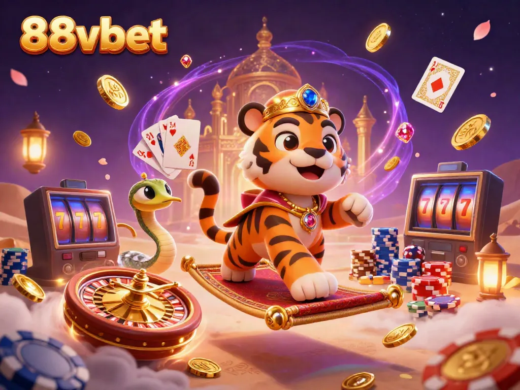 Delve into the exciting world of 88vbet with a dynamic 3D casino illustration showcasing vibrant elements and characters.