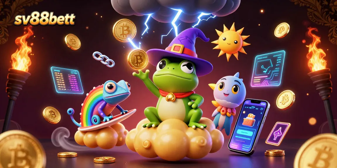 sv88bett showcases a vibrant 3D casino illustration with a wizard frog and golden coins amidst crypto elements