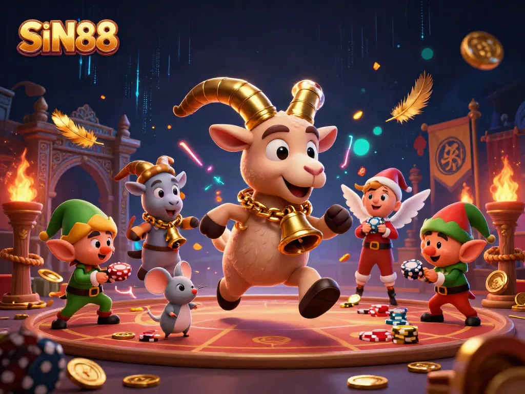 Experience SIN88 with a vibrant casino scene featuring characters in a dynamic, festive atmosphere.