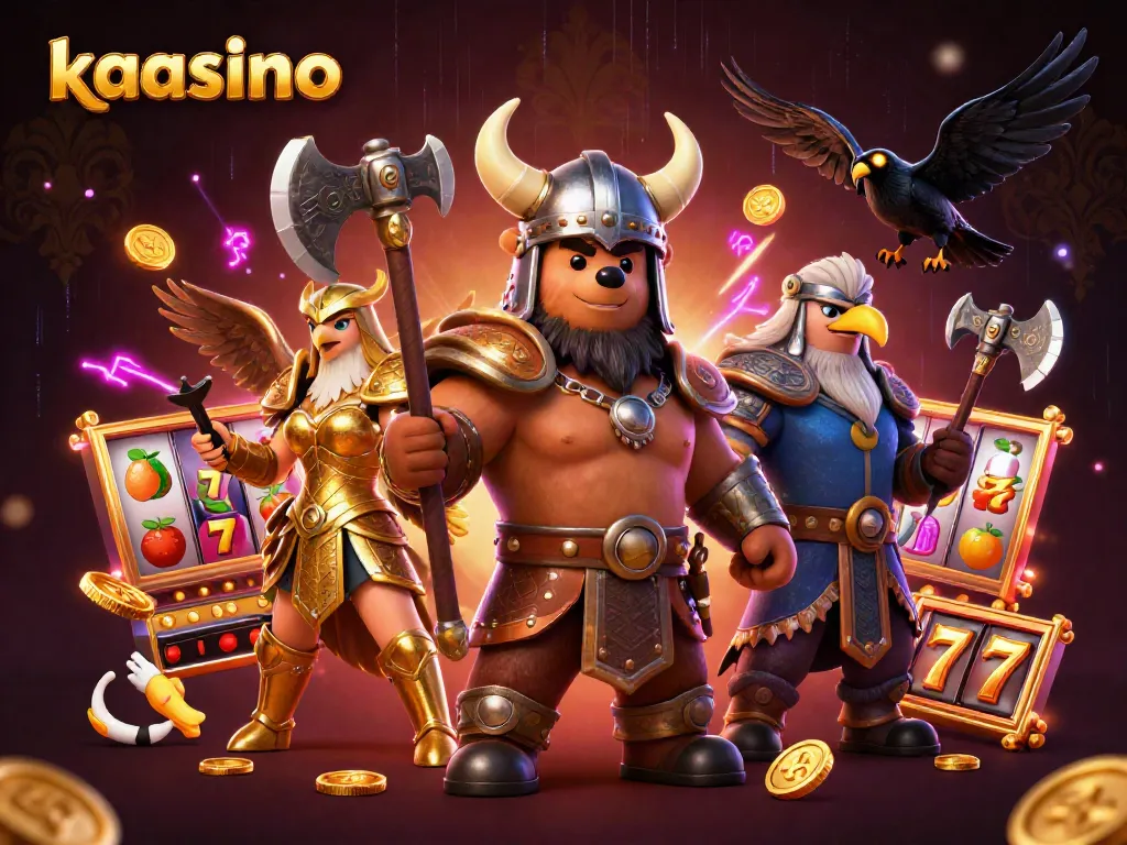 Kaasino features a vibrant 3D scene with a Viking berserker, Valkyrie eagle, and dynamic slot game elements.