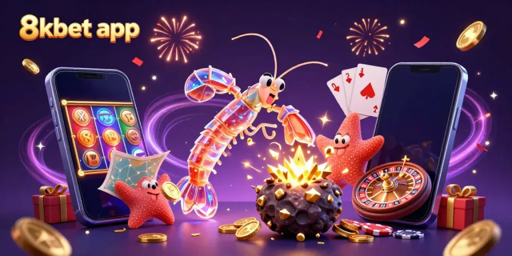 This vibrant illustration promotes the 8xbet app with an energetic scene of a galactic mantis shrimp and starfish in a magical gaming landscape.