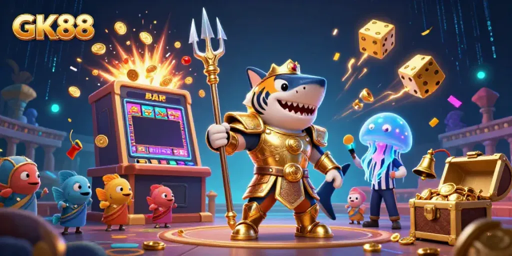 Experience thrilling gameplay with GK88 as a tiger shark gladiator battles in a vibrant underwater casino scene.