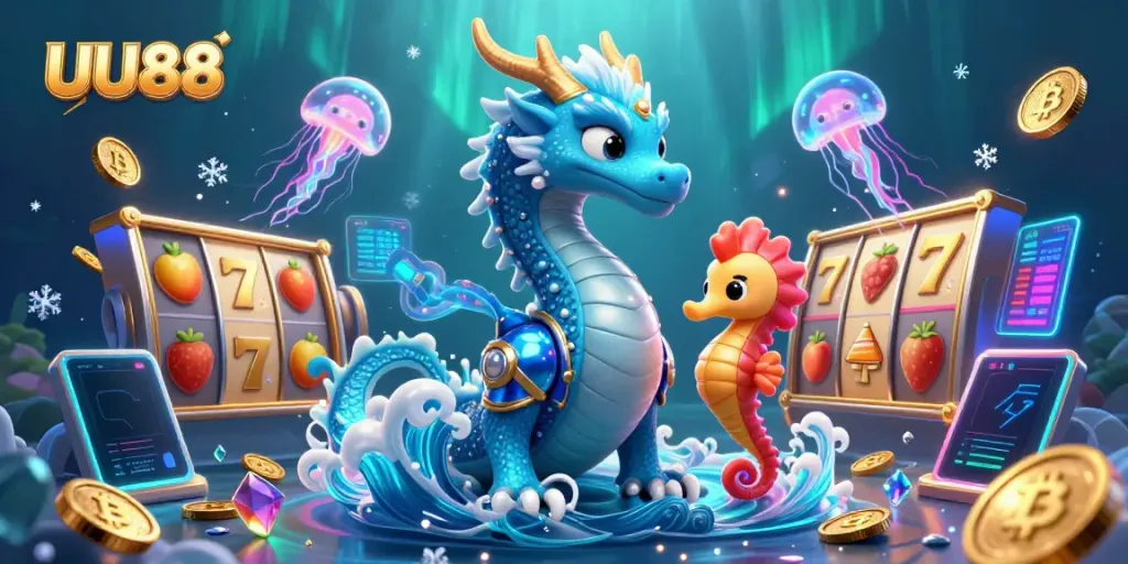 Engage with the vibrant casino world of UU88 featuring a majestic dragon, seahorse knight, and slot machine elements.