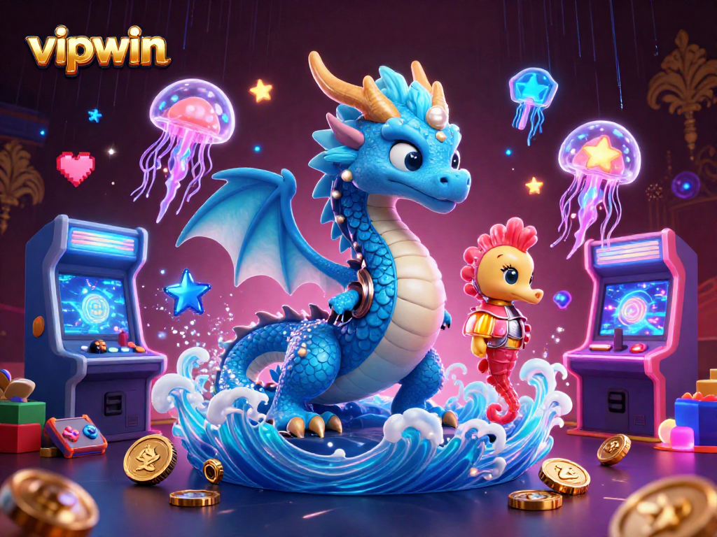 Experience the excitement of vipwin with a vibrant 3D illustration of a dragon, seahorse knight, and jellyfish in a casino arcade.