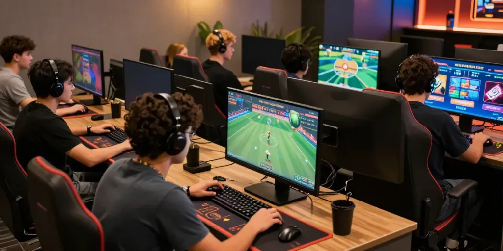 Engaging online gaming scene with players at stylish lounge, showcasing https://net88.broker/ excitement.