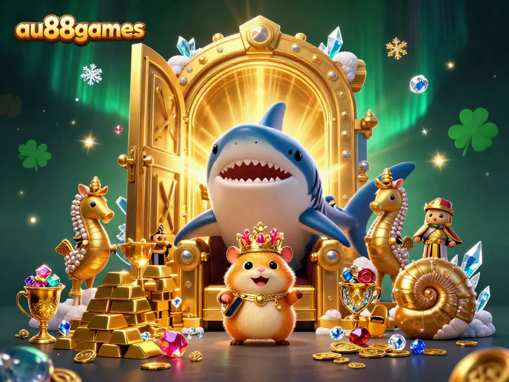 Experience immersive play at au88games, featuring a golden hamster king throne amidst treasure and jewels.