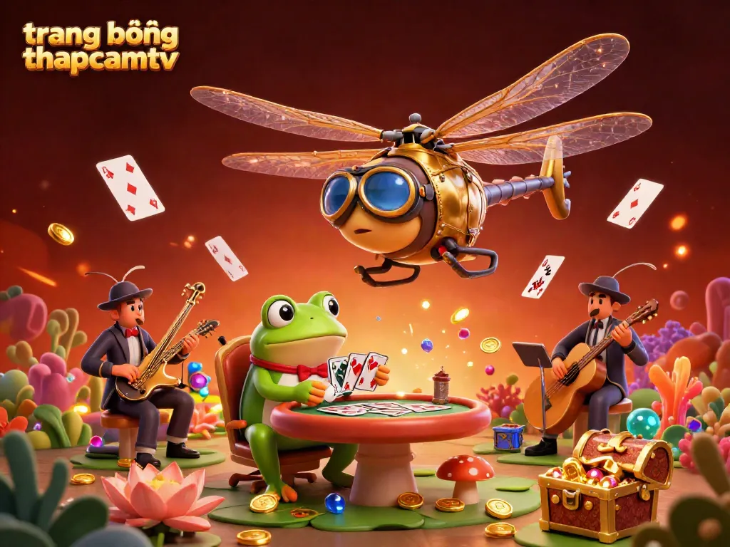 Experience high-stakes action with trang bóng thapcamtv, where a dragonfly pilot brings excitement to a lily pad casino.